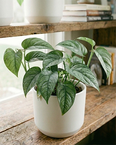 Monstera siltepecana en pot, feuillage argenté veiné, posée sur une étagère en intérieur.